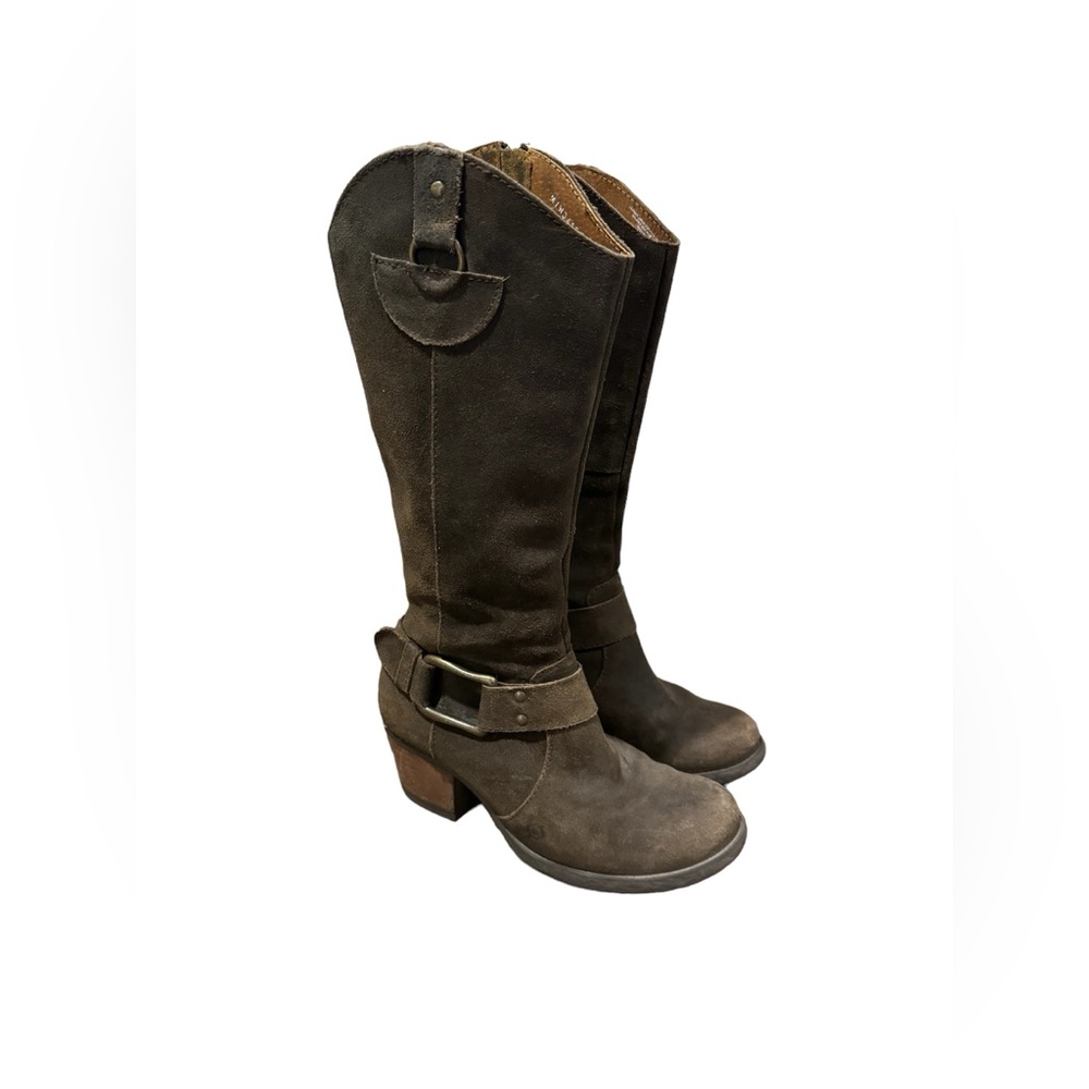 Born Brown Sueded Leather Heeled Boots with Buckle - Picture 8 of 16